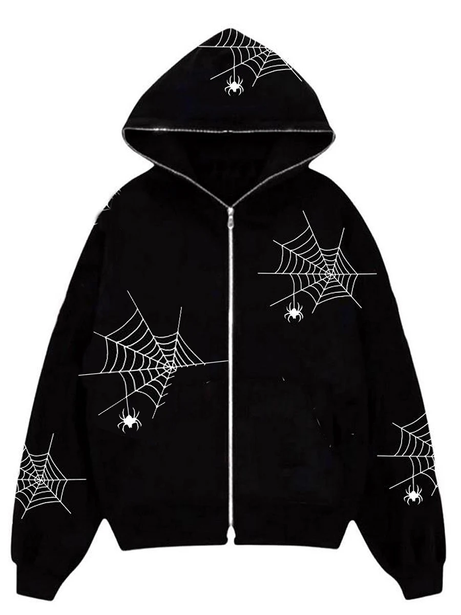 

Gothic Punk Graphic Print Hoodie for Mens Oversized Harajuku Zip Up Sweatshirt with Pockets Vintage Streetwear (Black M)