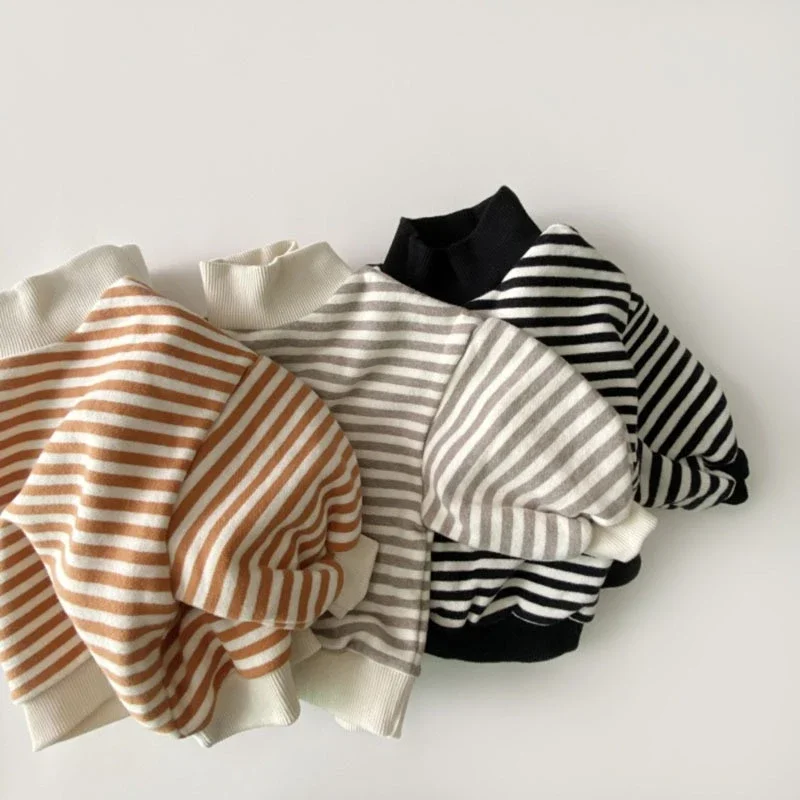 0-4Y Children's Hoodies Clothing Cotton Stripes High Neck Sweatshirt for Boys and Girls Loose Fit Cotton Sweater Tops for Babies