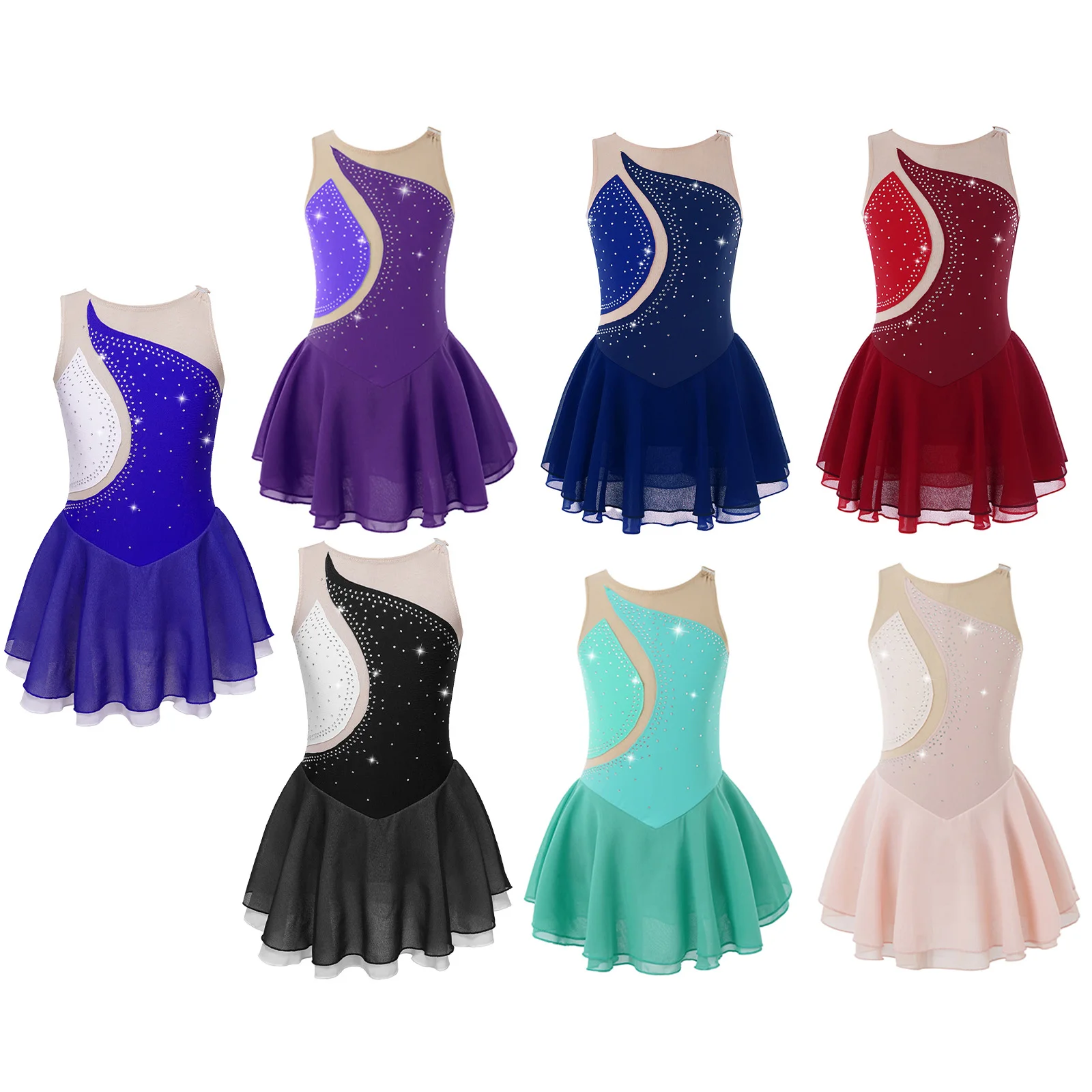 Kids Girls Figure Skating Dress Lyrical Dance Ballet Gymnastics Acrobatics Leotard Tutu Sleeveless Rhinestone Mesh Dancewear