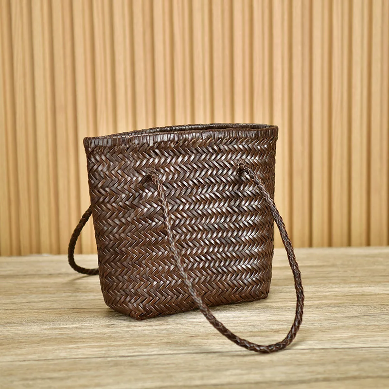 Genuine Leather Handmade Woven Handbag Spring And Summer Top Layer Cowhide Vegetable Basket Retro Ladies Shoulder Packs