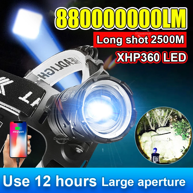 

88000000LM LED Headlamp Super Powerful XHP360 Headlight 18650 Rechargeable Head Lamp Torch 2500M Camping Head Flashlight Lantern