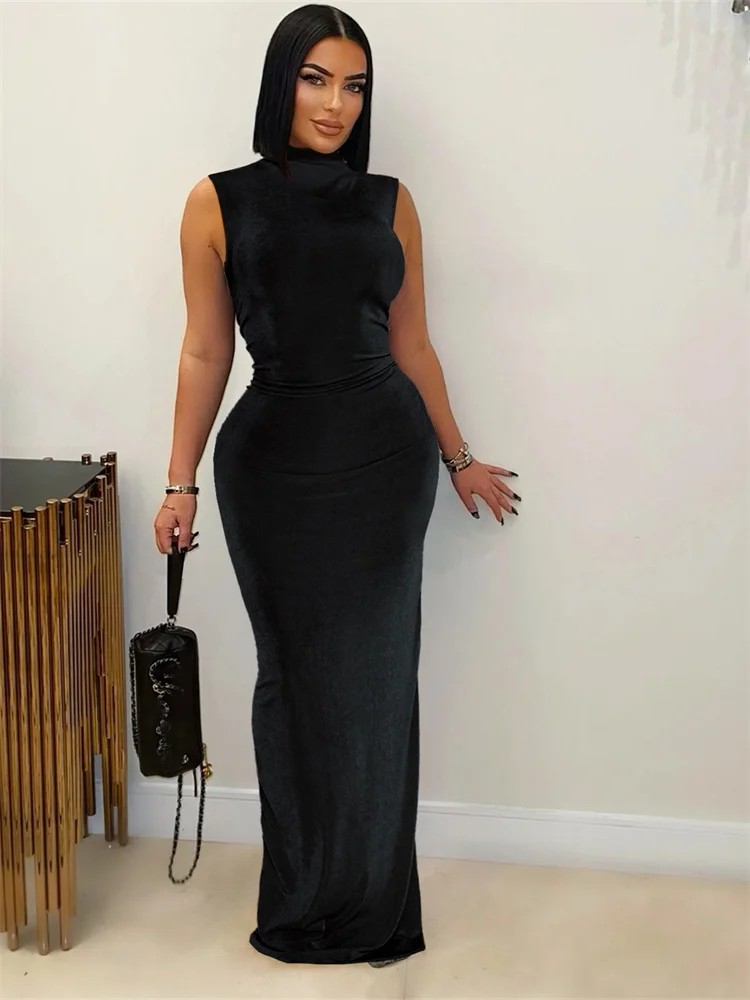 Wmstar Dress Women Elegant Sleeveless Half High Neck Pleated High Stretch Summer Clothes Long Dresses Wholesale Dropshipping