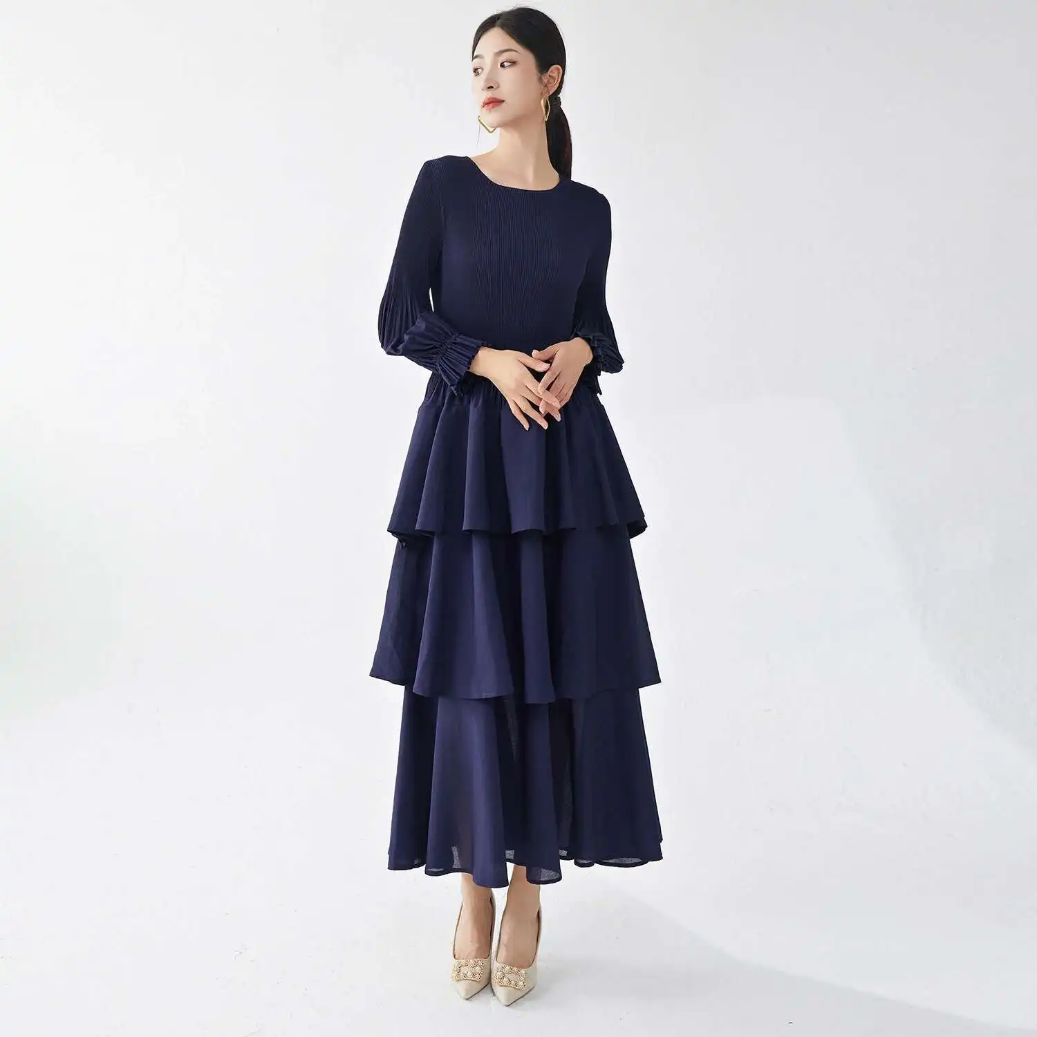 LANMREM Fashion Pleated Cake Dress Women's O-neck Long Sleeves Elastic Stretch Solid Color Dresses 2025 Spring New 2Z2393 - Image 6