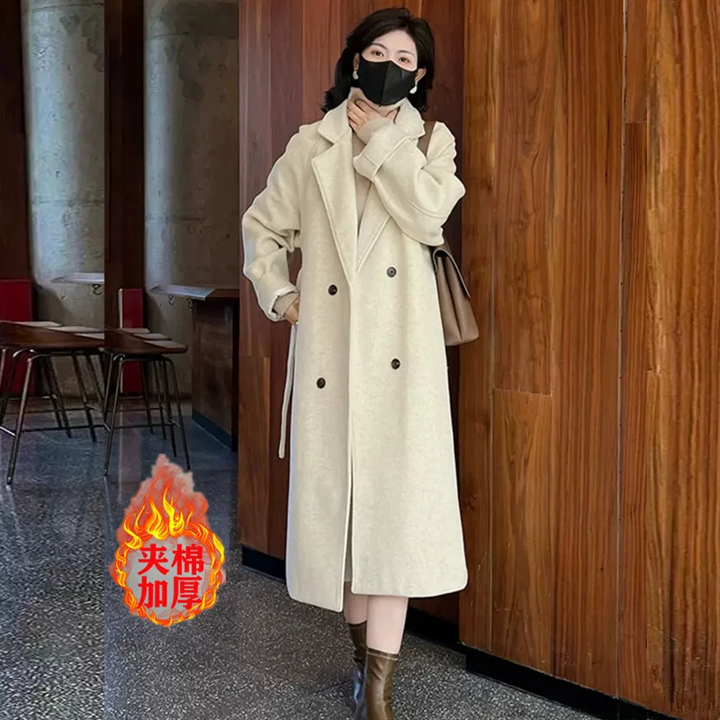 Thicken Warm Wool Coat Women 2023 New Vintage Double Breasted Long Jackets Casual Loose Turn Down Collar Winter Coat