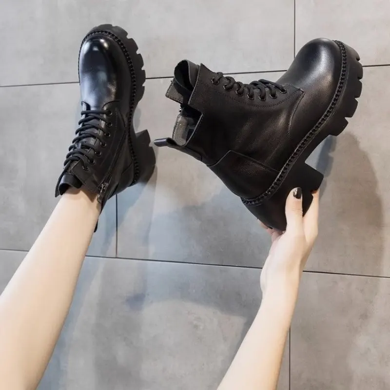 Genuine Leather Shoes Women Boots Zip Round Toe Flat With Handmade Concise Leisure Sewing Platform Boots Fashion Spring and Fall