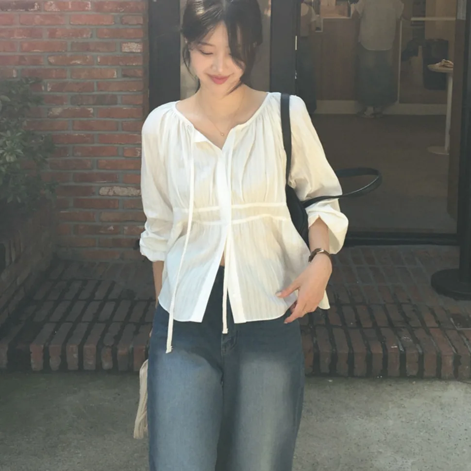 여성용 셔츠 동대문 다용도 심플 엘레강스 스몰 사이즈 타이 긴팔 브이넥 숏탑 버튼 레이스 눈꽃 패턴