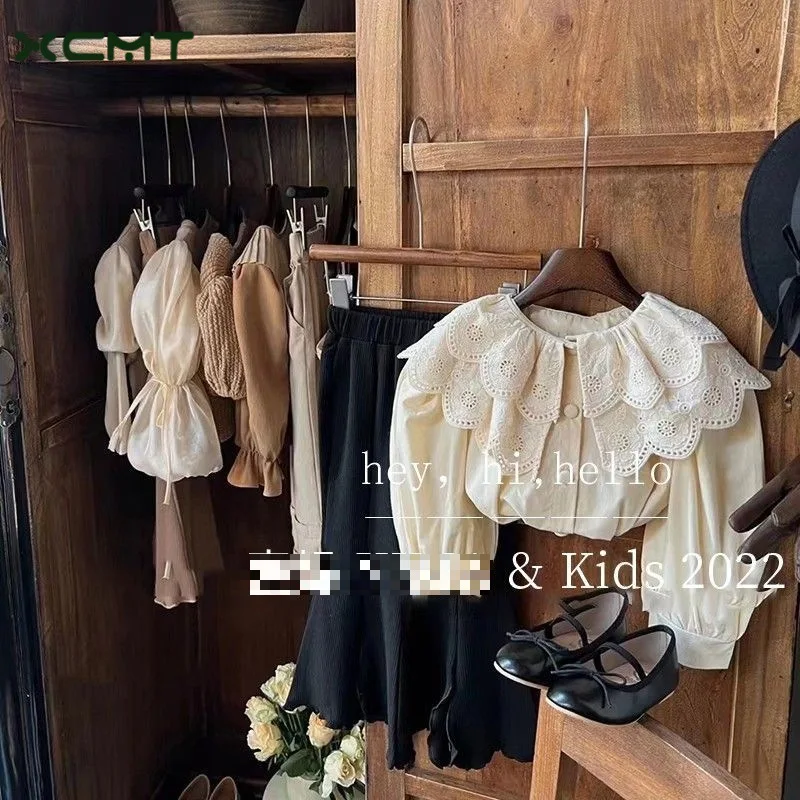 Children's Clothing Autumn Long sleeved Princess Top Girl's Lace Lace Lapel Beige Shirt Girls Blouse