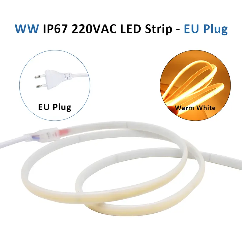 AC220V COB LED Strip Light IP67 Waterproof Flexible Ribbon 2Pin Wire/EU Plug Tape Lamp 3000K/4000K/6000K Outdoor Linear Lighting - Image 9
