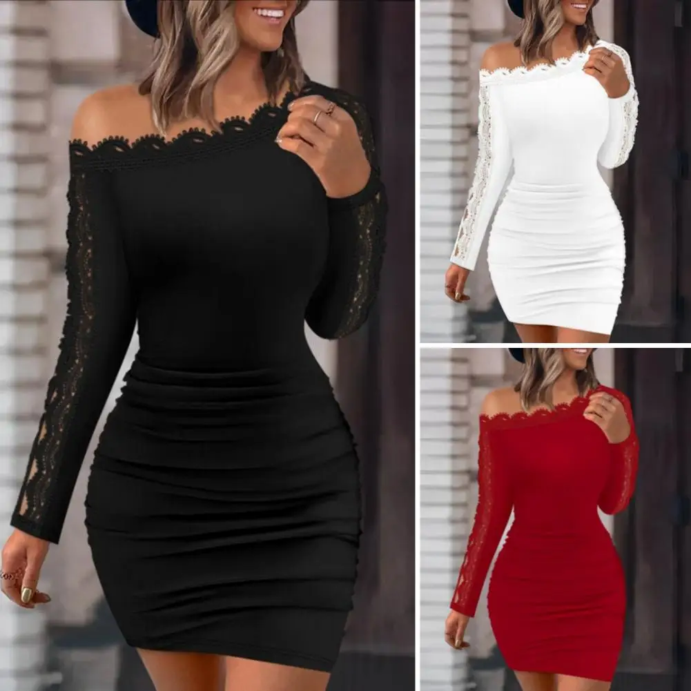 

Slim Fit Dress Elegant Lace Patchwork Off Shoulder Bodycon Dress for Women Autumn Winter Long Sleeve Party Dress with Wrap