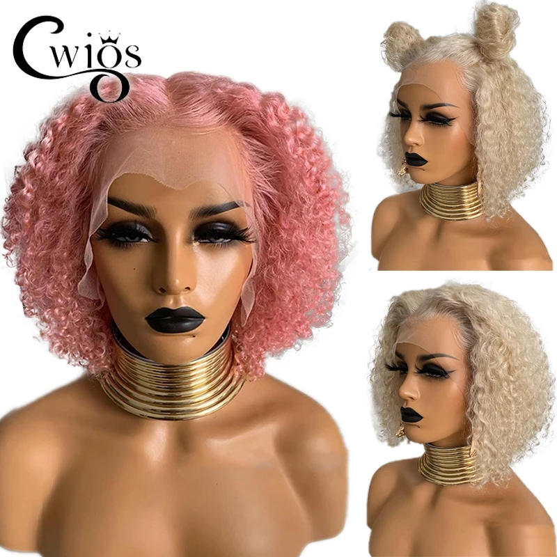 

Honey Blonde Pink Colored Pixie Cut Kinky Curly Short Bob Hair Synthetic 13X4 Lace Front Wigs for Women Drag Queen Party Cosplay