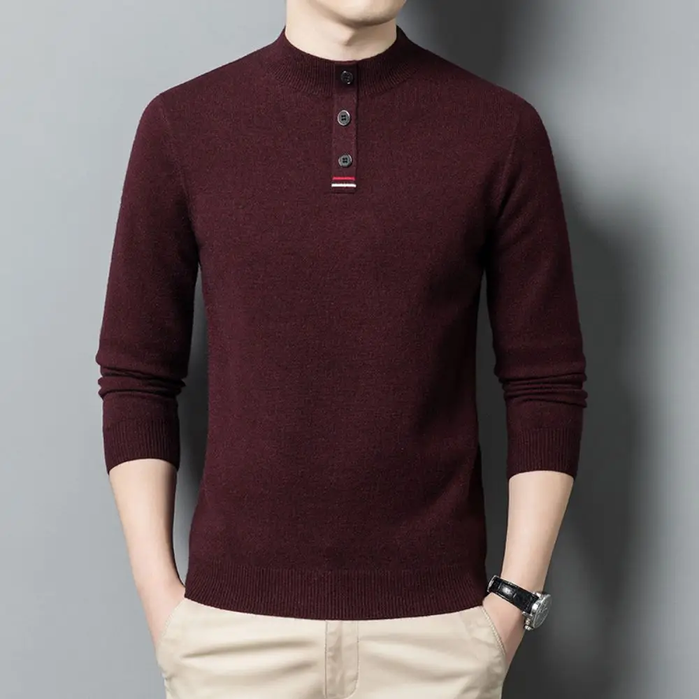 2023 Winter New Fashion Men's Half High Collar Solid Color Long Sleeved Knit Shirt Casual Versatile Thickened Pullover Sweater