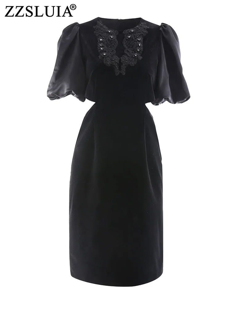 

ZZSLUIA Elegant Dresses For Women Beading Embroidery Designer Slim Black Velvet Dress Fashion Puff Sleeve Waistless Slit Dresses