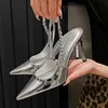 Women Crystal High Heels Slingback Pointy Toe Silver Pumps Fashion Luxury Brands Thin Heel Sandals Metallic Party Casual Shoes 1