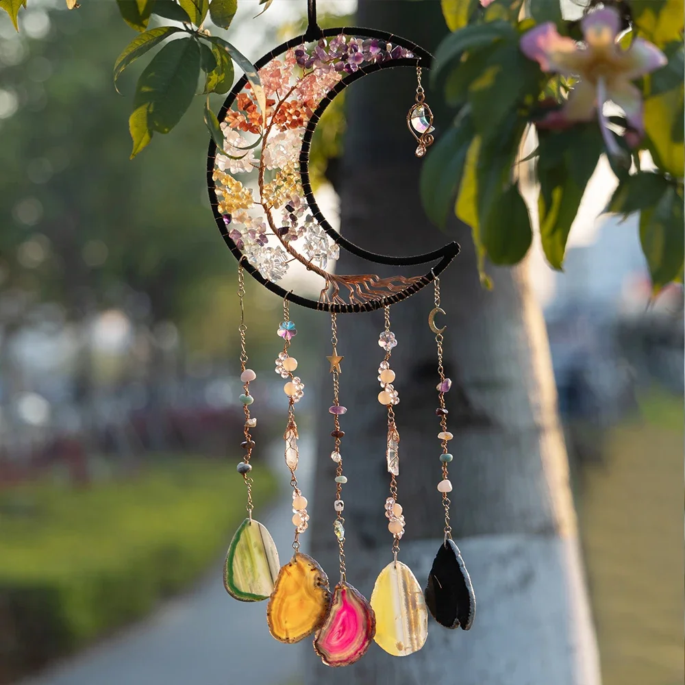 Dream Catcher Wall Decoration Natural Amethysts Moon Dream Catchers Tree of Life Dreamcatcher with Healing Crystal Stone Wall Hangings for Home Decor