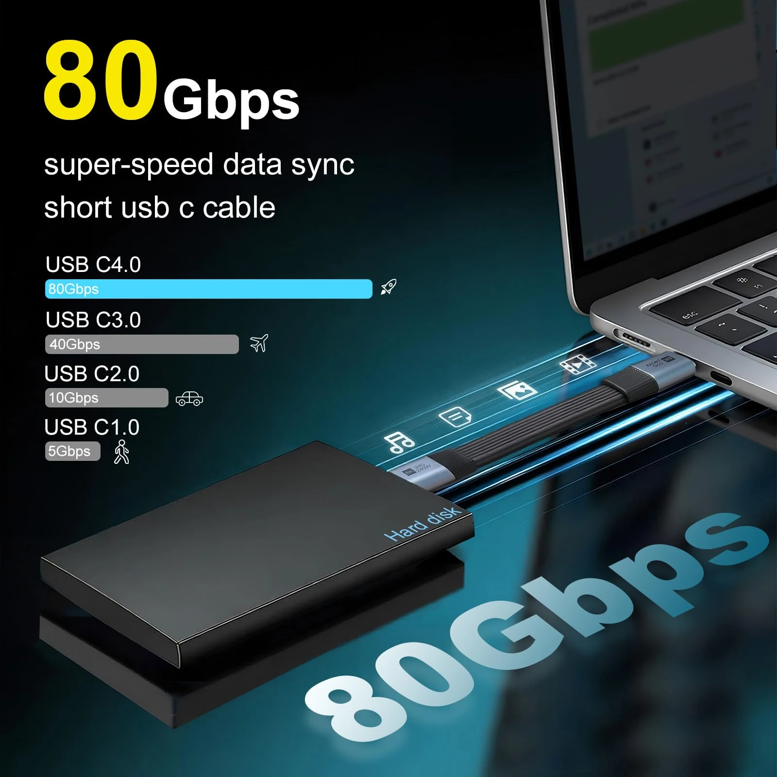 Compact USB-C Fast Charging Cable – 240W Power, 80Gbps Data Transfer, 8K Video Display, Thunderbolt Support, Built-in Keychain
