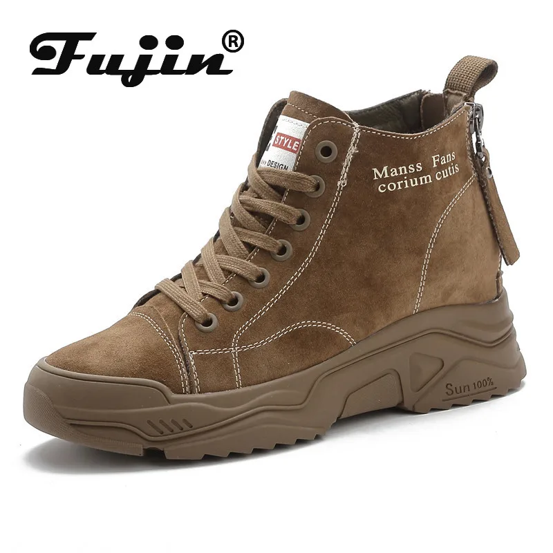 

Fujin 7cm 2024 Retro Autumn Winter Motorcy Ankle Boots Woman ZIP Thick Soled Round Toe British Style Lace Up Super Plush Shoes