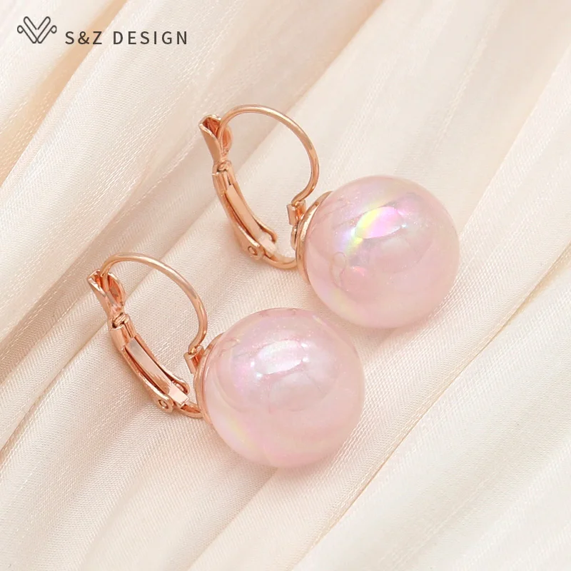 S&Z DESIGN New Fashion 585 Rose Gold Color Round Colorful Bead Drop Earrings For Women Wedding Elegant Jewelry Trendy Eardrop