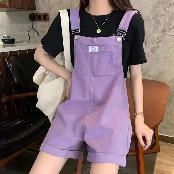 

Wide Leg Suspender Shorts Summer Vintage Purple Jean Jumpsuit Women Cotton Female Overalls Woman Personality Denim Rompers