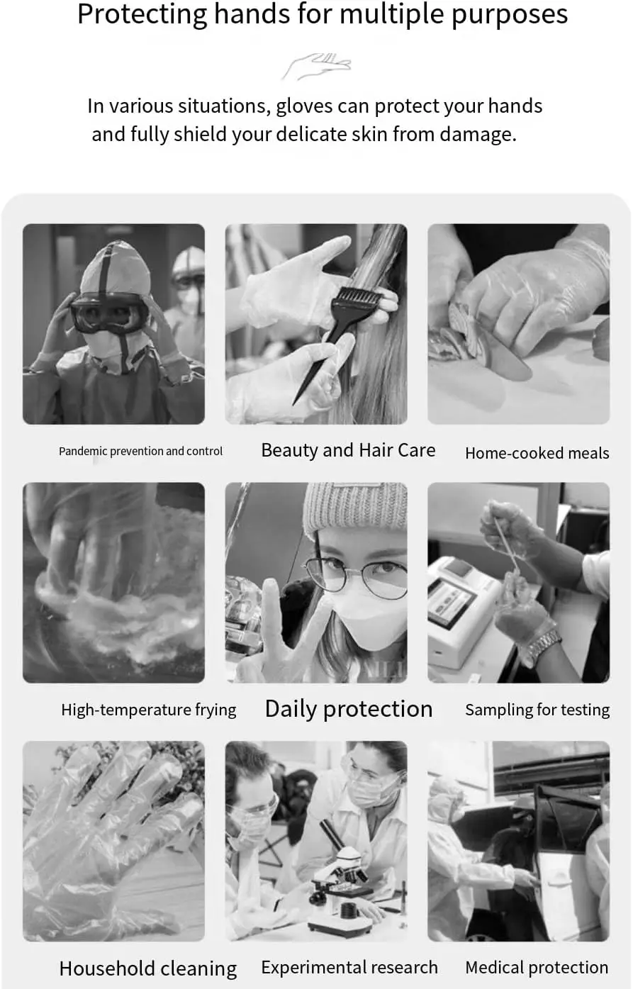 Gants vinyle blancs enfilés sur une main, lot de 500 pour hygiène alimentaire et soins.