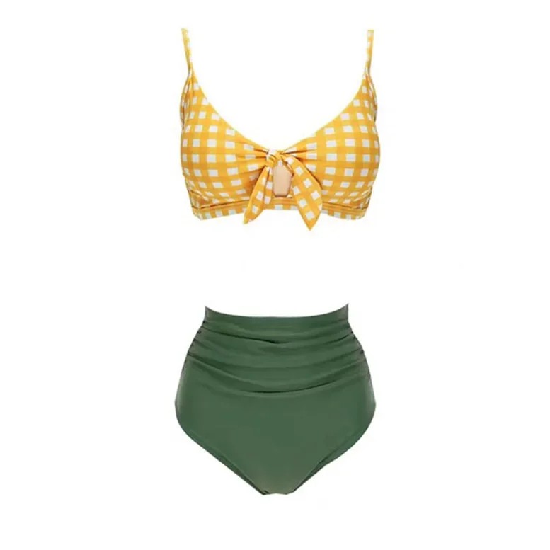 South Korea Plaid Hot Spring Women Swimsuit Sexy Lingerie Set Lace Up Cute Student Split High Waist Triangular Female Swimwear