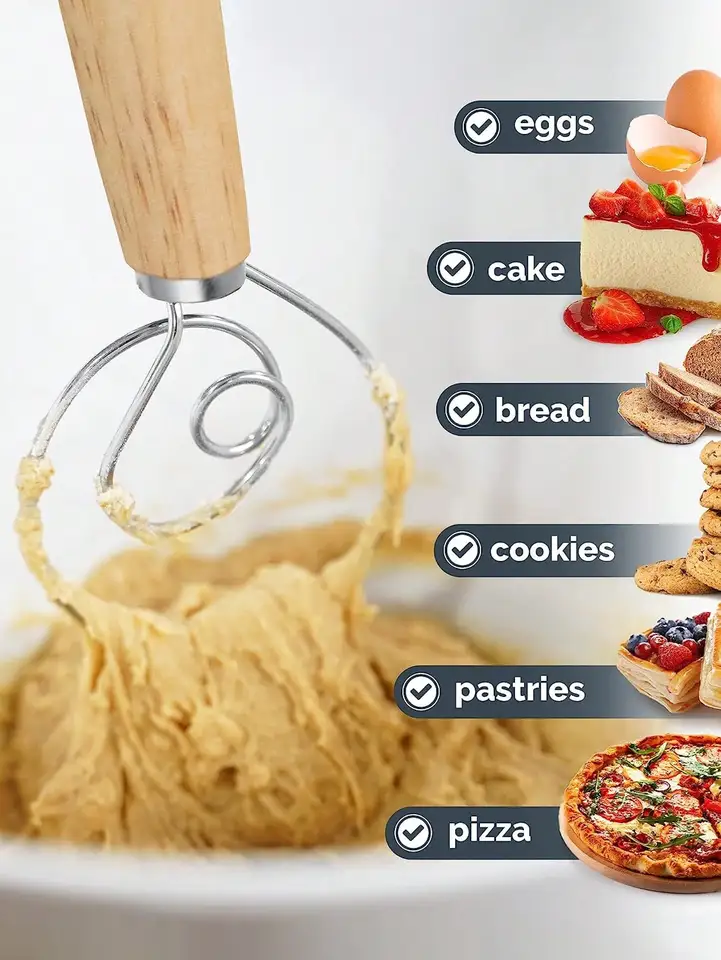 Frusta Per Impasto Danese In Acciaio Inox – Frullino A Manico Di Legno Per Pane, Pizza E Pasta – Utensile Da Cucina Professionale