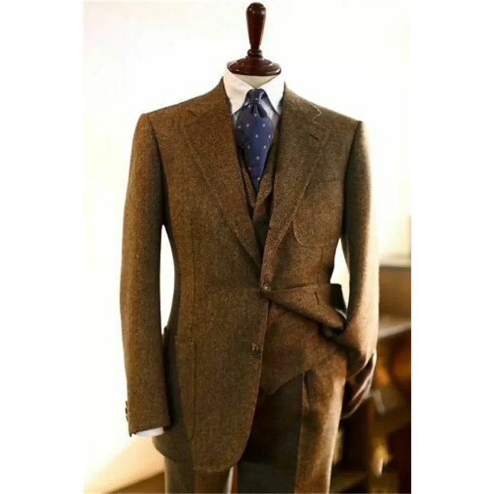 

Elegant Herringbone Men Suits Fashion Notch Lapel Single Breasted 3 Piece Smart Casual Formal Wedding Tuxedo (Blazer+Vest+Pants)
