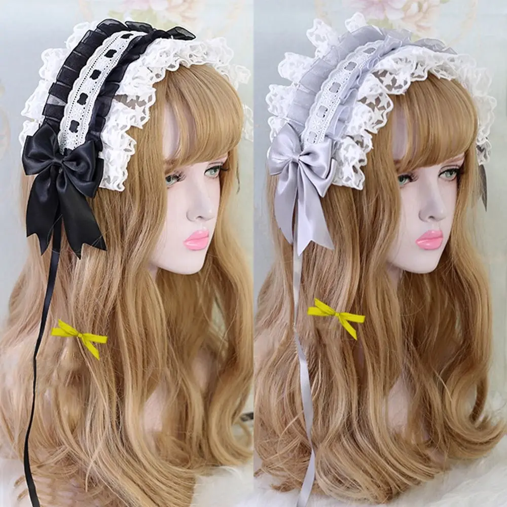 

Anime Maid Cosplay Headdress Hairband with Hairpins Embroidery Hairpins Lace Ribbon Hair Clips Lolita Ruffled Headband