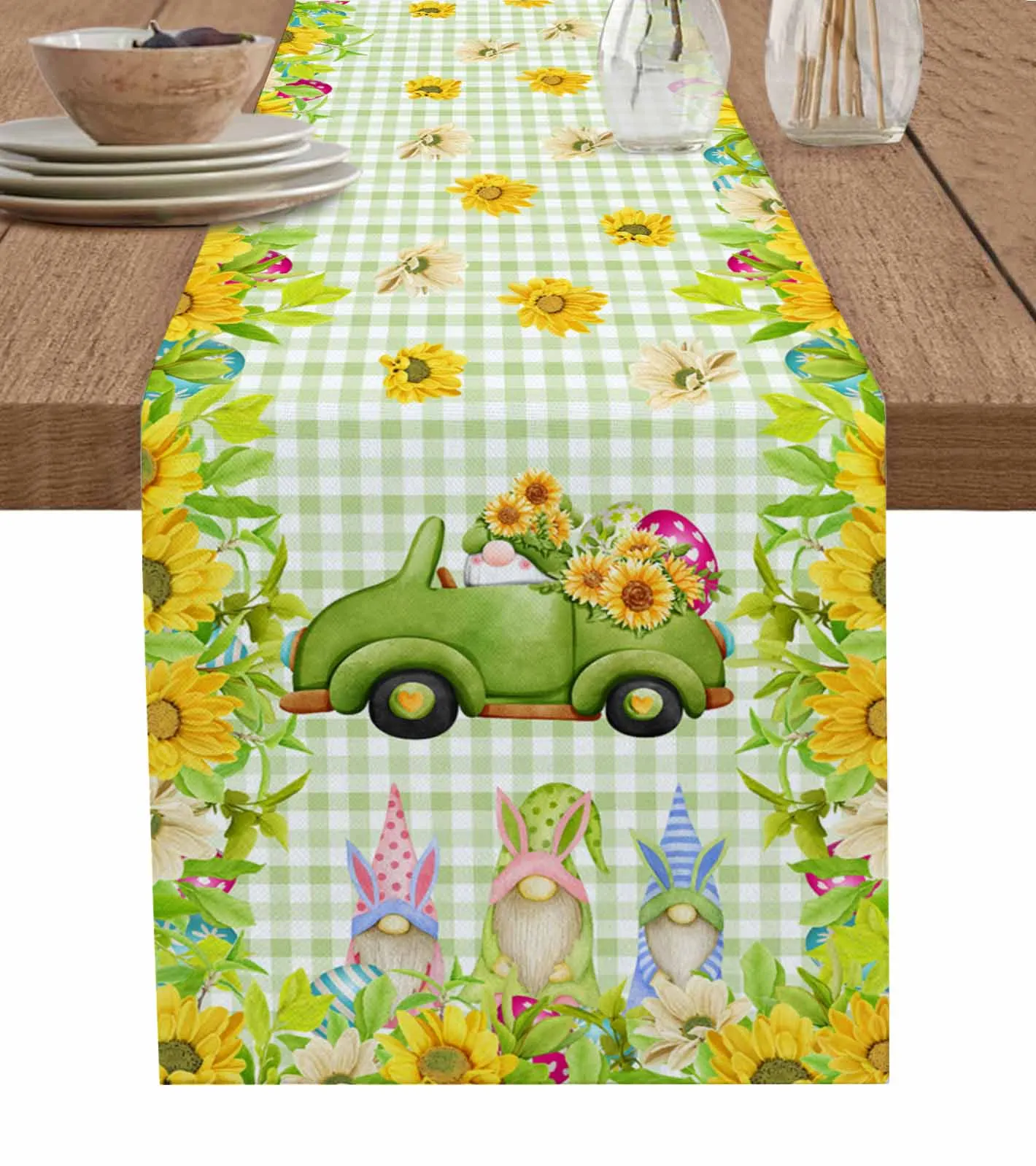 

Easter Egg Gnome Sunflower Truck Plaid Table Runner Cotton Linen Wedding Decor Tablecloth Festival Kitchen Decor Table Runner