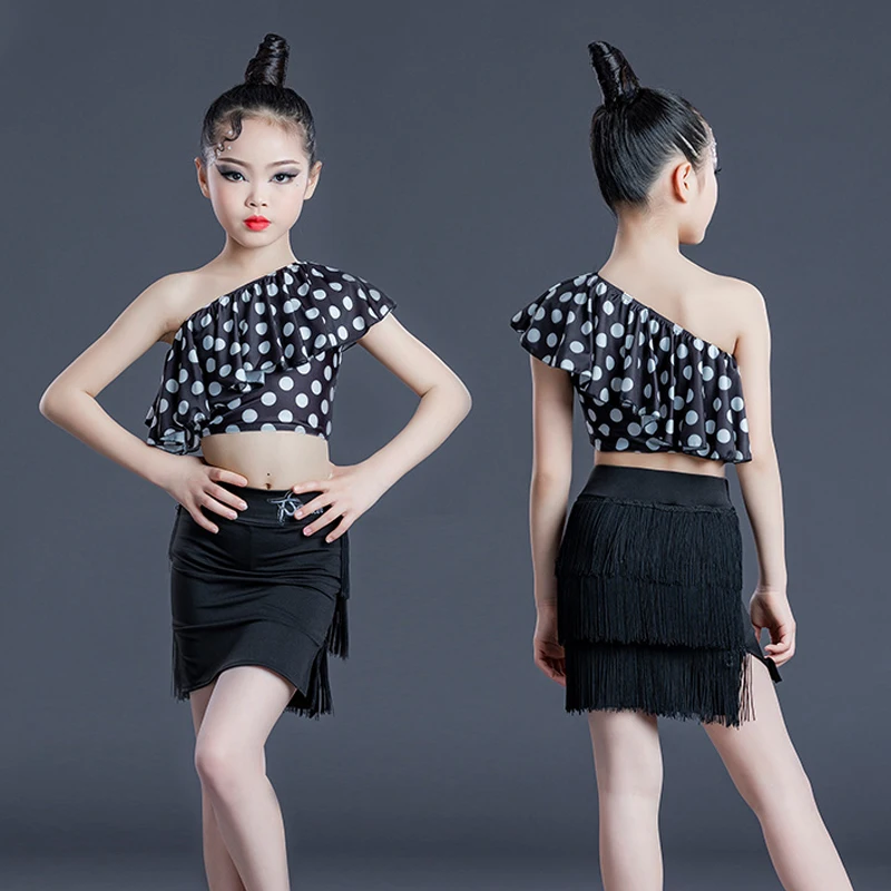 

Children'S Latin Dance Suit One Shoulder Ruffles Top Fringes Skirt For Girls Latin Professional Competition Dance Wear SL7877