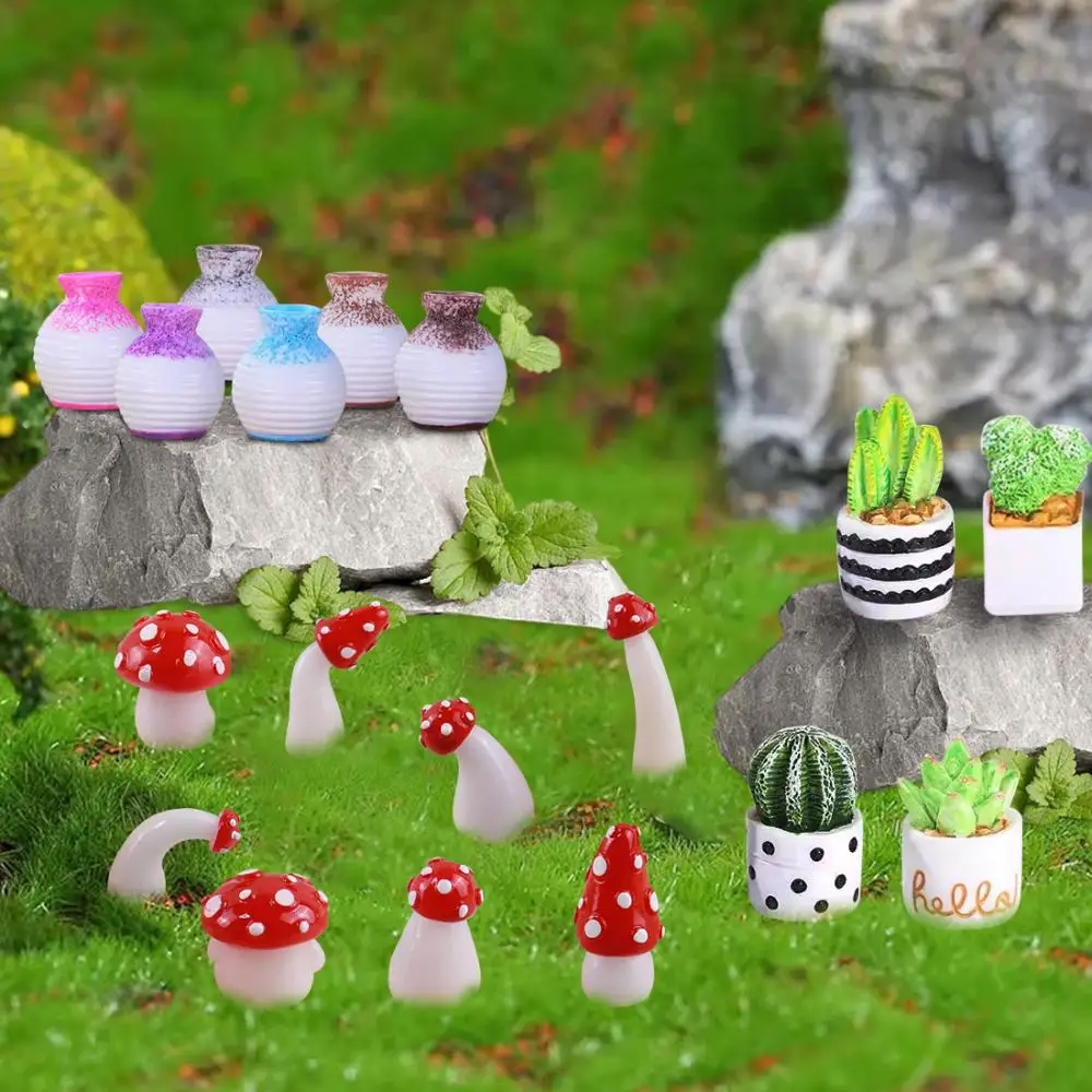 18 PCS Mini Artificial Plants For Dollhouse - Tiny Resin Potted Cactus Fairy Garden Decor