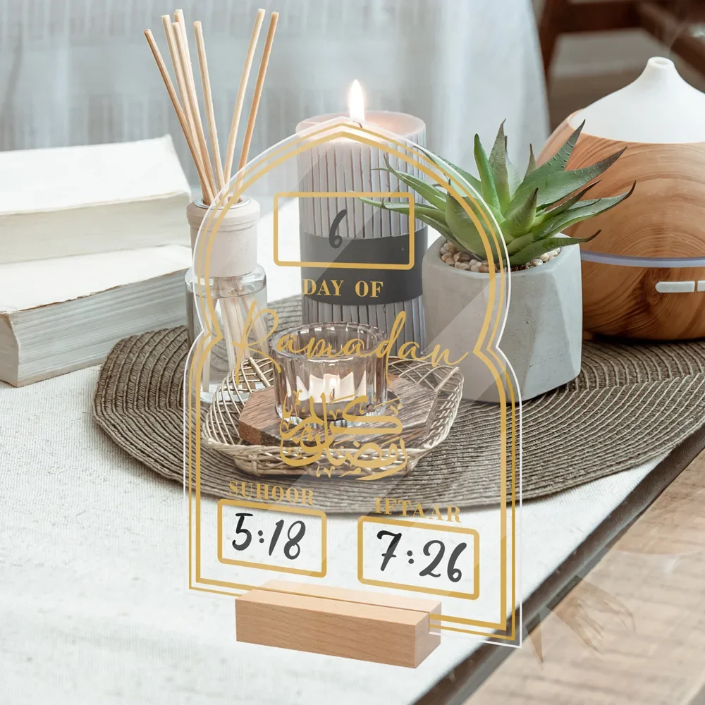Acrylic Eid Mubarak Calendar Board Wooden Base Table Ornament, Ramadan Advent Day Suhoor Iftaar Countdown Gifts Home decor