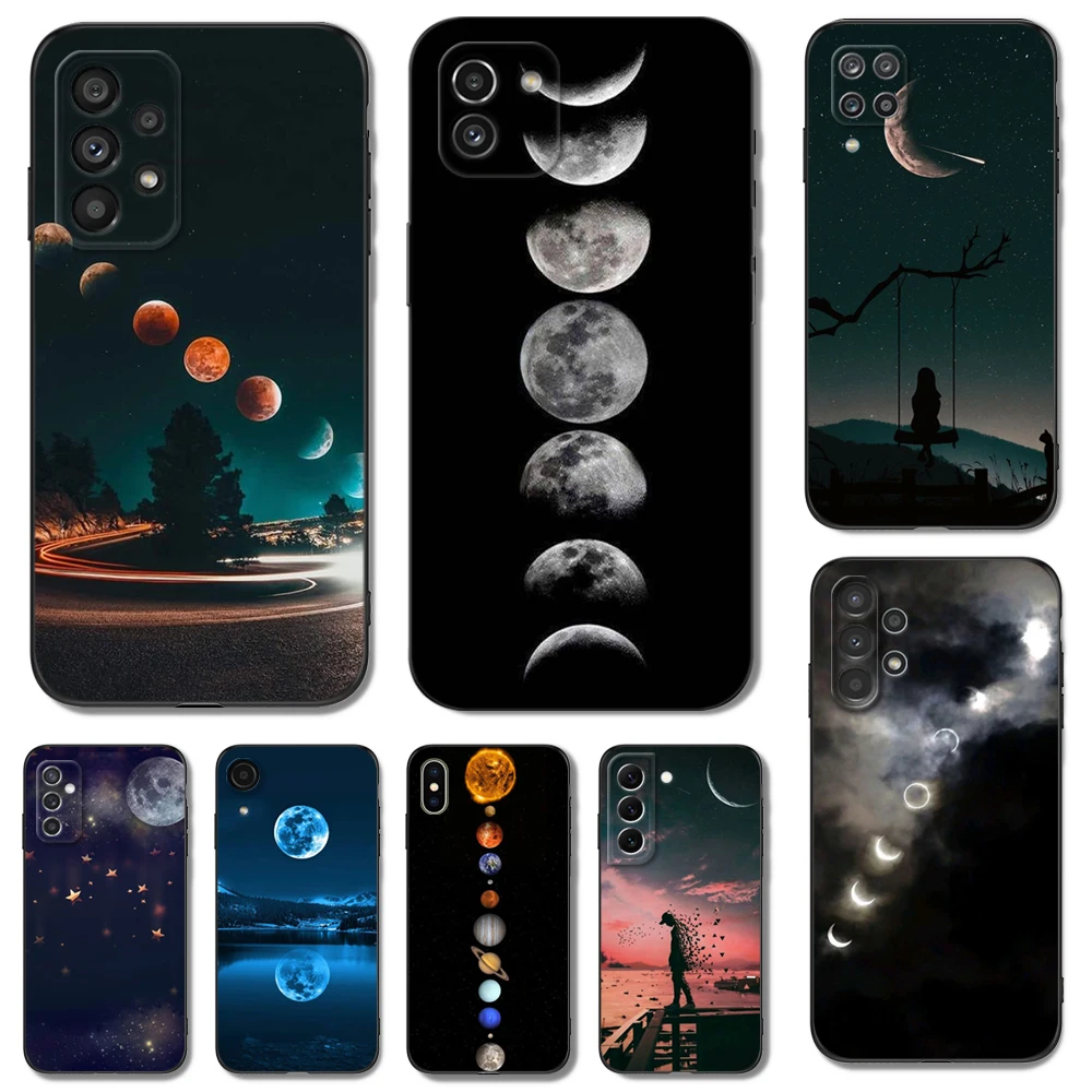 Custodia In Tpu Nero Per Samsung Galaxy S22 S20 S21 Fe Plus Ultra + S10 E Lite Cover Posteriore Con White Moon Stars Space Astronaut