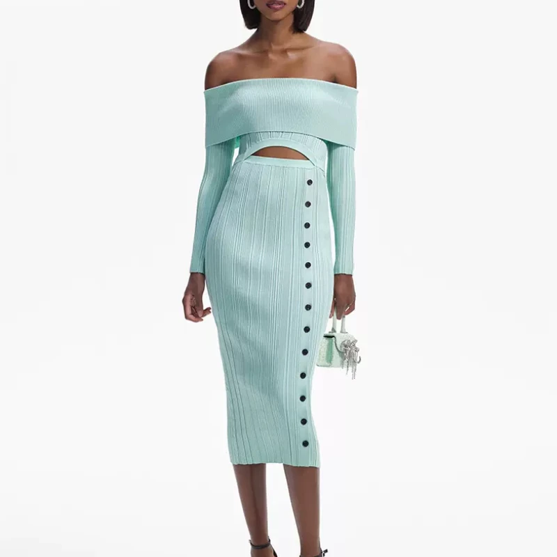 

2024 Early Spring New Women Mint Green Slash Neck Long-sleeved Side Slit Knitted Dress