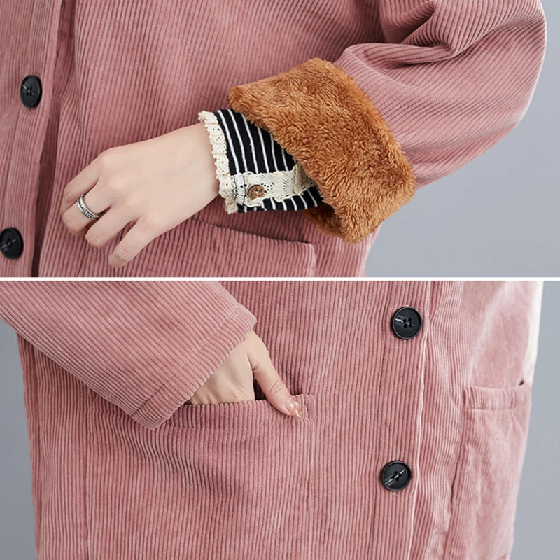 New Winter Coat for Women Corduroy Long Cotton Jacket Fur Lined Coats Parka Retro Warmth Thickened Loose Harajuku Korean Fashion