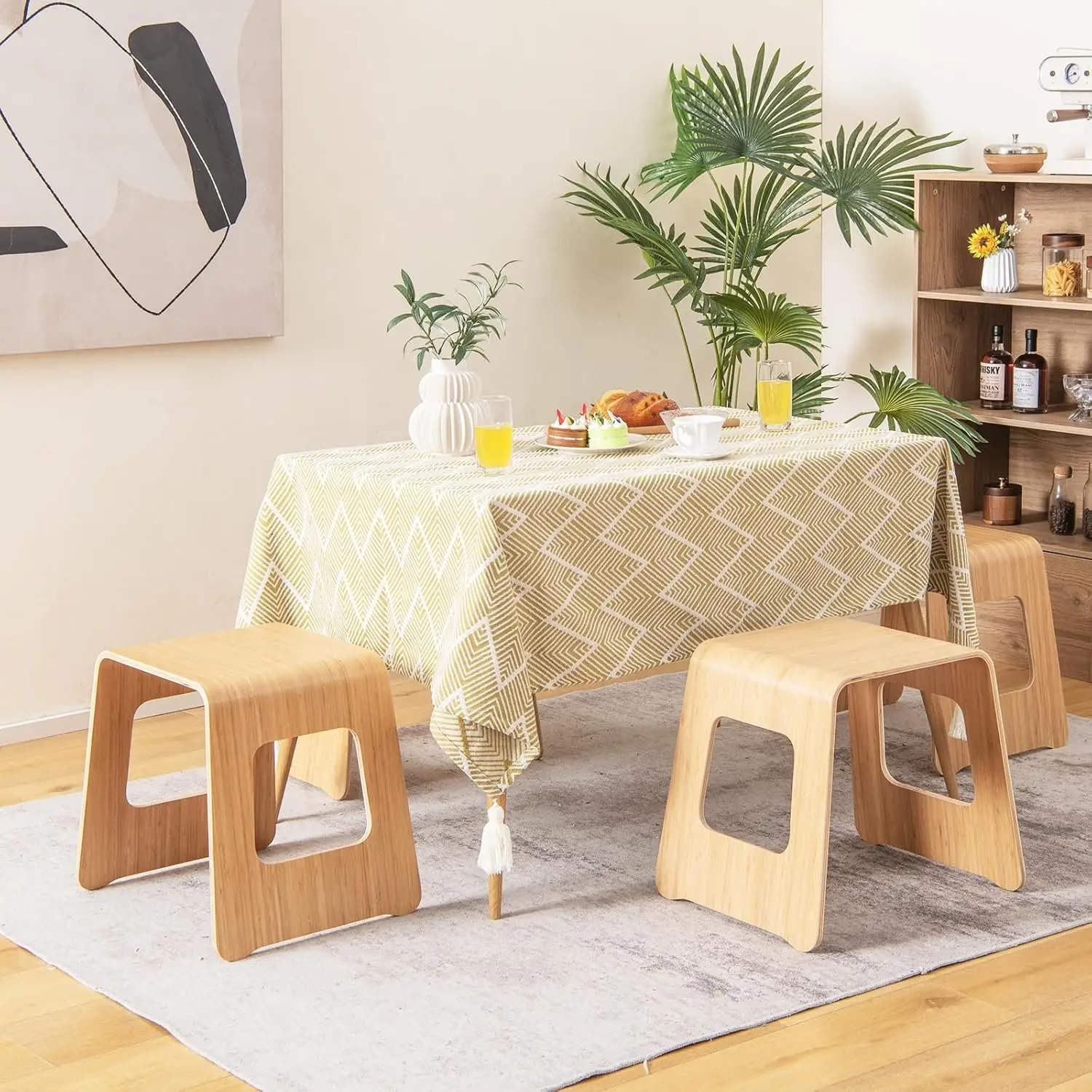 Stackable Bamboo Stools Set of 4, Leisure Seat Stools with Anti-Slip Foot Pads, Heavy Duty Home Shoe Changing Stool 6