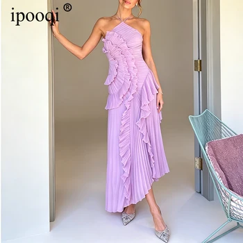 ipooqi Chiffon Pleated Maxi Dress Women Sexy Halter Neck Backless Ruffled Sleeveless Elegant Evening Party Gown Summer Vestidos 1