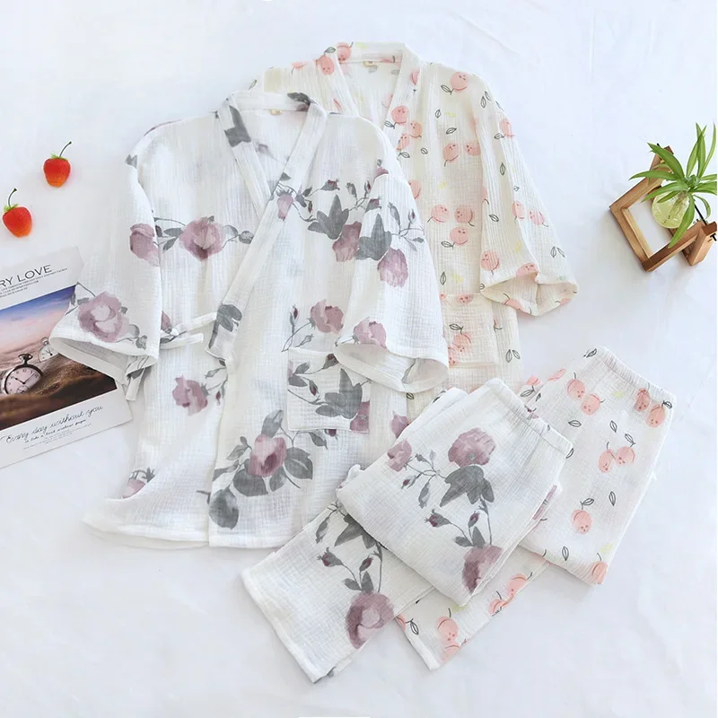 

Japanese-Style Kimono Soft Cotton Fresh Style Pajamas Suit Female Casual Spring Summer Pajamas Pajamas Two-Piece Home Service
