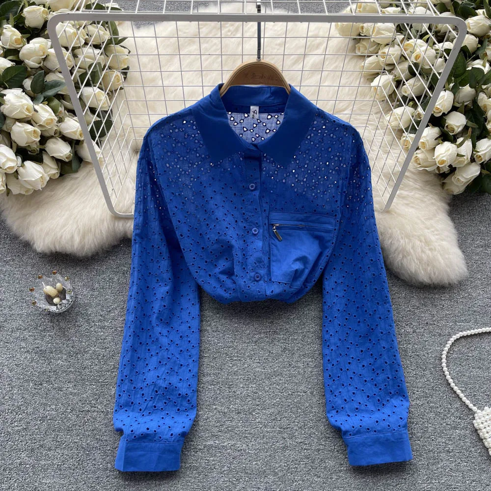 

Spring New French Fashion Loose Skinny Long-sleeved Hollow Lapel Pocket Chiffon Shirt