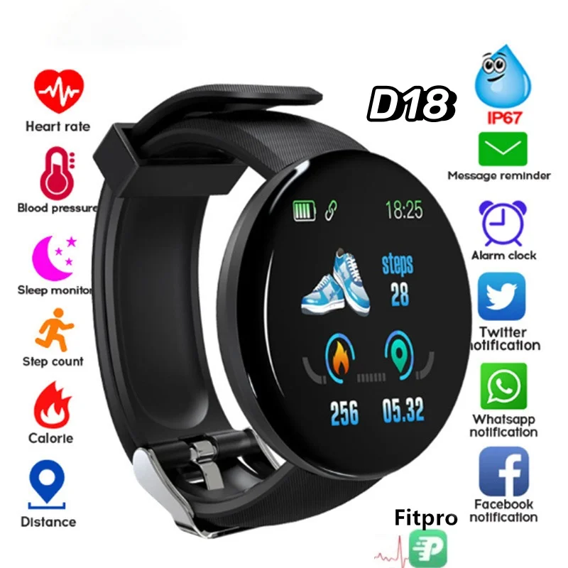 

2023 D18 Smart Bracelet Color round Screen Heart Rate Blood Pressure Sleep Monitoring Pedometer Sports Fitness Smart Watch