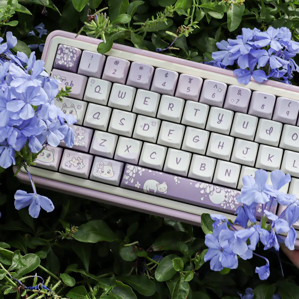 

151Keys Purple White Cartoon Cat MAD PBT Keycaps With 5-sided Dye Sublimation For 61/64/68/84/75/87/96/104 Mechanical Keyboard