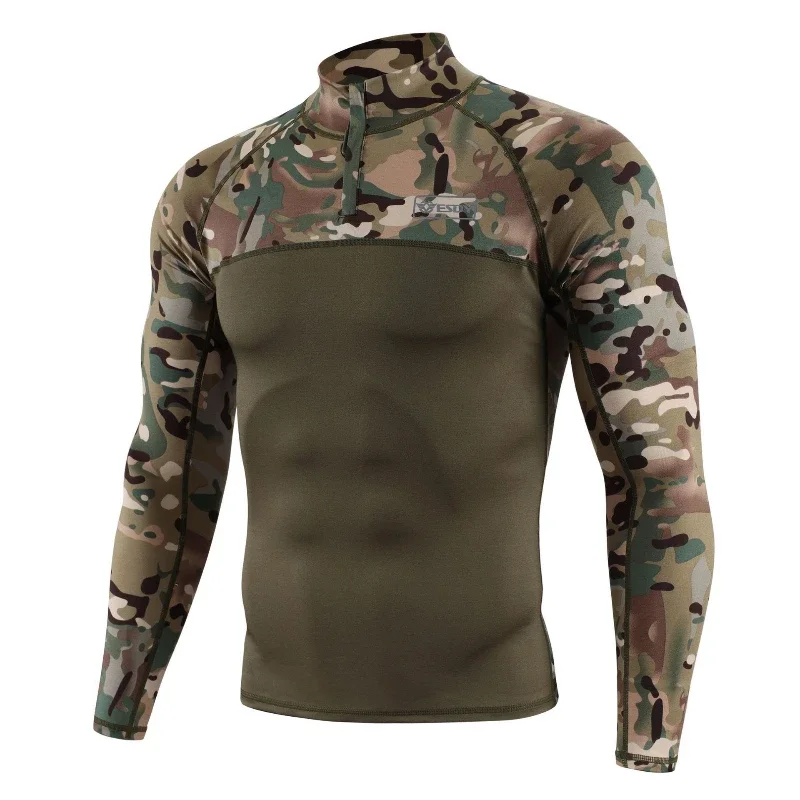 New Mens Camouflage Outdoor Sports Tactical Long Sleeve Tee Casual Long Sleeve Hunting Training Tight T Shirt Tops