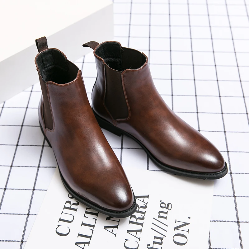 New Britain Gentleman Chelsea Ankle Boots Pointed Patent Leather Shoes Men Warm Plush Dress Footwear Male Black Brown High Tops