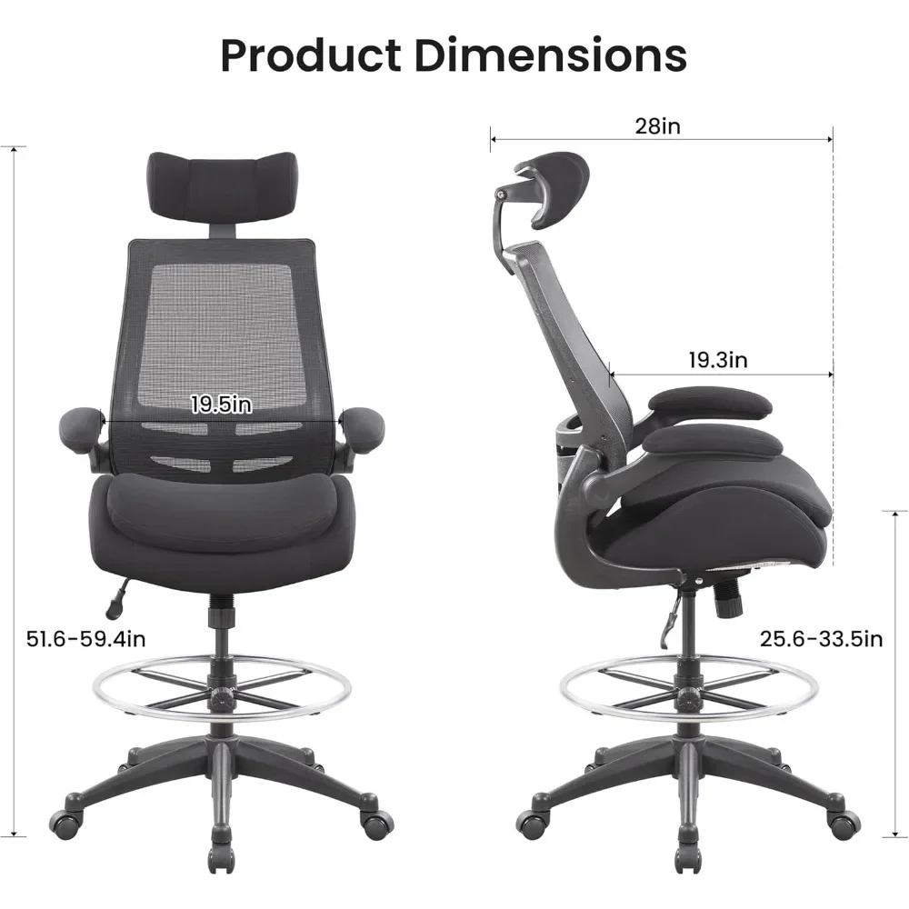 NEW-400lbs High Back Computer Office Drafting Chair Flip up Armrests Lumbar Support Adjustable Big Footrest Ring (Black)
