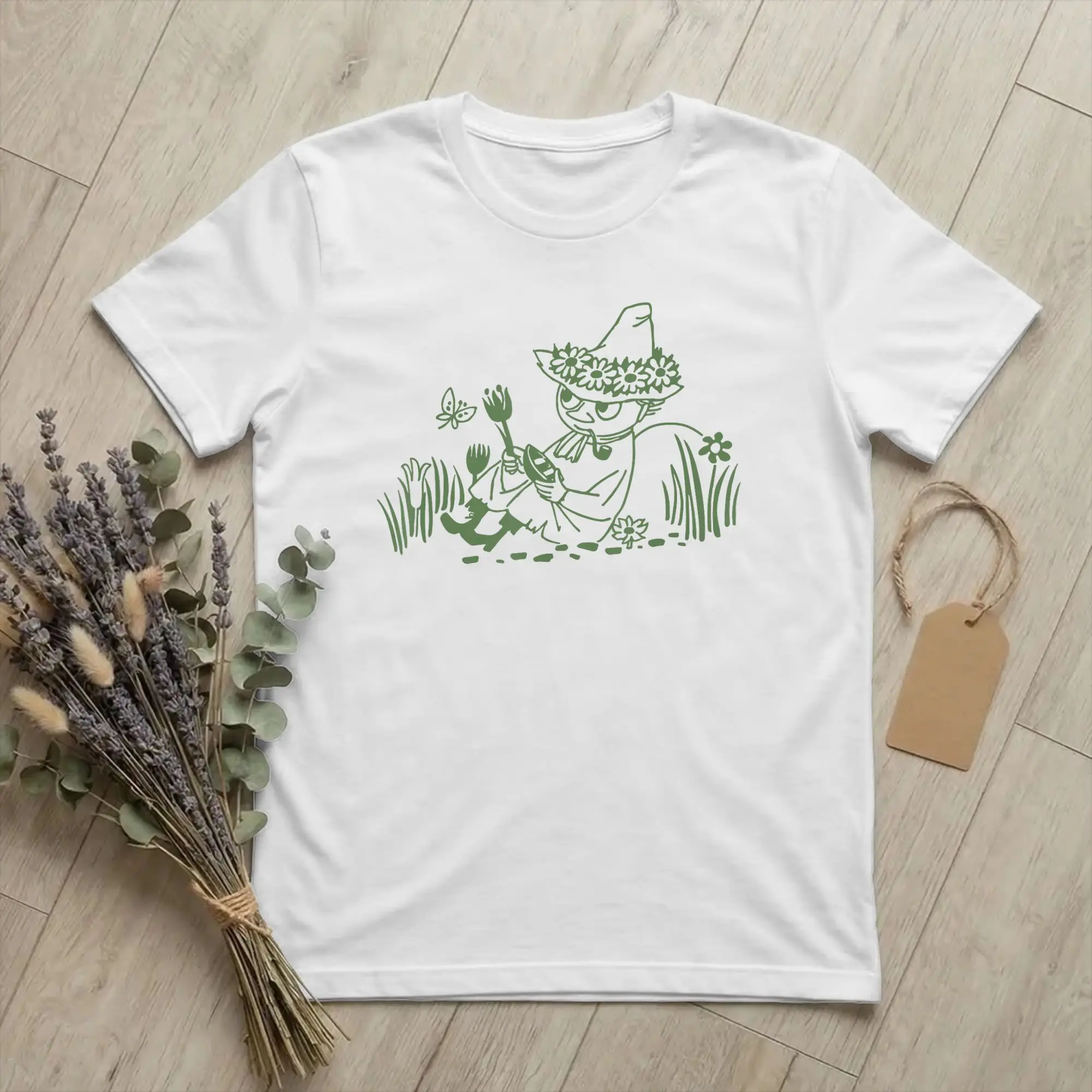 Vintage Moomings Snufkin Entspannt in der Natur T-Shirt für Männer und Frauen O-Ausschnitt Kurzarm Kleidung Baumwolle Sommerkleidung