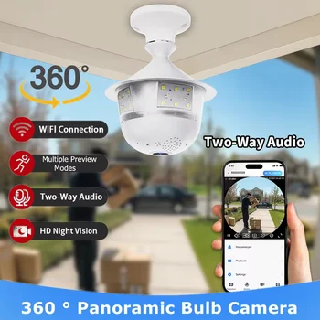5MP Wifi 360 Panoramic Fisheye Indoor IP CCTV Bulb Security Camera Full Color Night Vision Two-Way Voice Wireless Auto Tracking 1