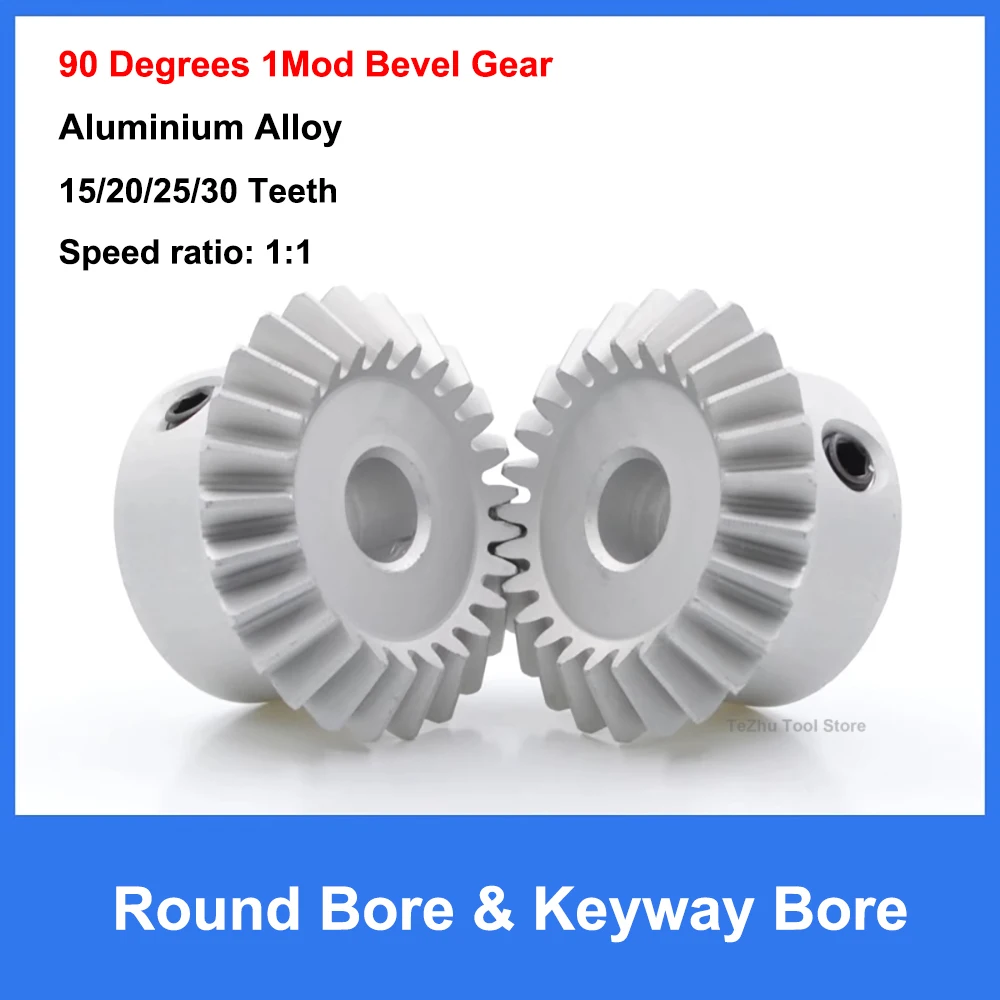 1Pcs 1:1 Bevel Gear 1Mod 15/20/25/30 Teeth Aluminium Alloy 90 Degrees Meshing Angle Steel Gear Bore 4/5/6/8/10/12mm Keyway Bore