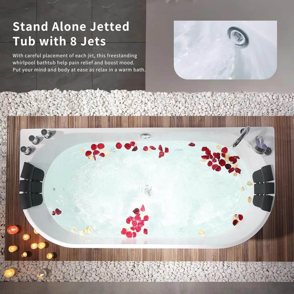 59" Freestanding Whirlpool Bathtub,Acrylic 8 Hydromassage Jets Tub,59" x 30", 560W, Middle Drain, ETL Certified 2