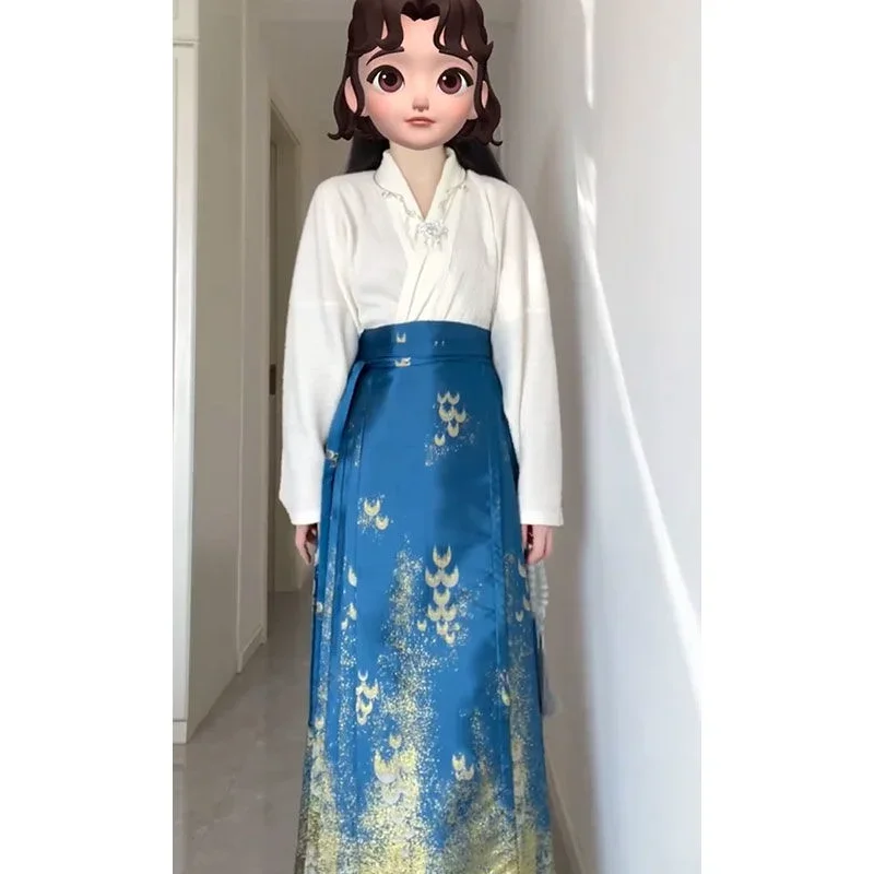 

Vintage V Neck Shirt Top Blue Horse Face Skirt Hanfu Suit Women 2023 Summer Chinese Style Graduation Party Dress Hanbok Korean