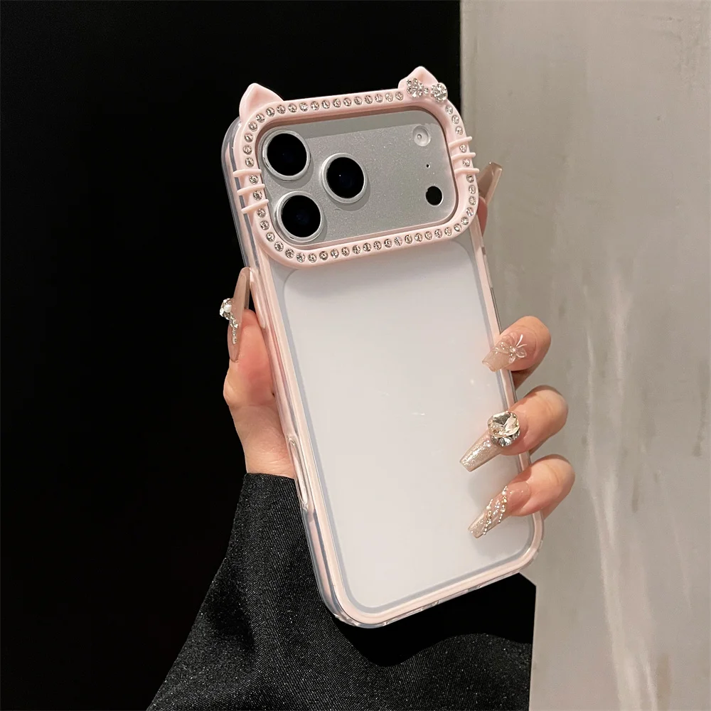 Luxury Rhinestone Cat Ears Matte Transparent Phone Case with Candy Color Bumper