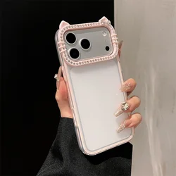 Luxury Rhinestone Cat Ears Matte Transparent Phone Case with Candy Color Bumper - iPhone 15 Plus (Light Pink)